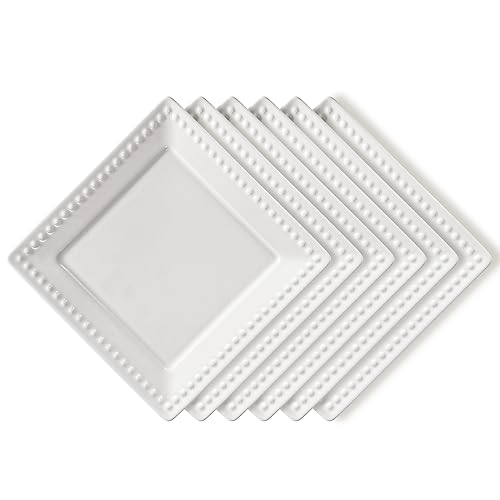 Appetizer Plates, Embossed Ceramic Dessert Plates, Salad Plates Set of 6, 6 inch White