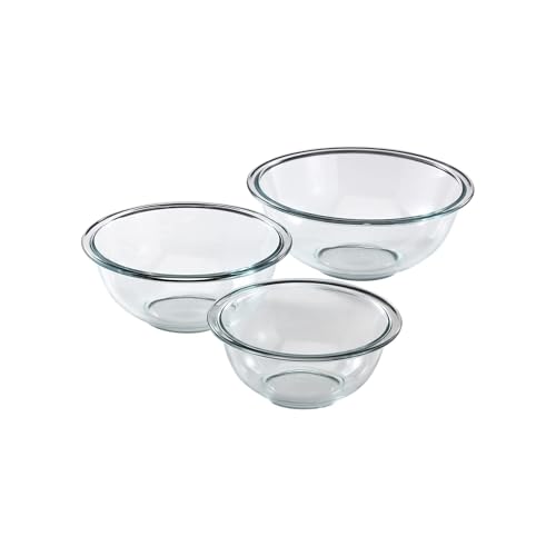 Pyrex Smart Essentials 3-Piece Prepware Mixing Bowl Set, 1-Qt, 1.5-Qt ,and 2.5-Qt Glass Mixing Bowls, Dishwasher, Microwave and Freezer Safe