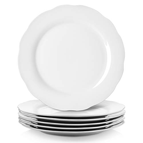 YHY Dinner Plate Set, Porcelain Serving Plates, 10.6 Inches, Scallop Design, White, Set of 6