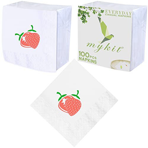 mykit 5.3 x 5.3 Inches Folded Cocktail Napkins Printed with a Strawberry Pattern 200 Count 2 Ply 10.6" x 10.6" Unfolded Disposable Napkins for Breakfast Lunch Dinner Mealtime Beverages Desserts