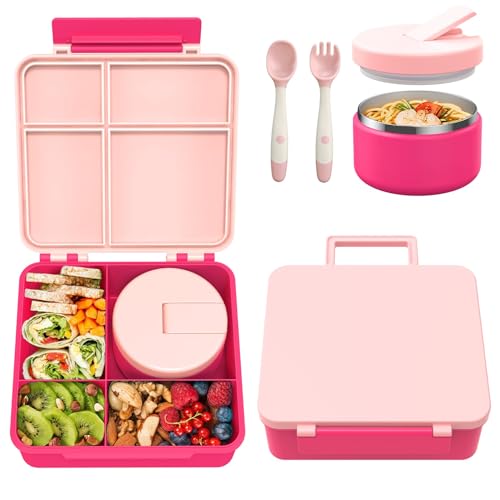 Bento Lunch Box with 8oz Soup Thermo, Kids Leakproof Lunch Food Containers with 4 Compartments