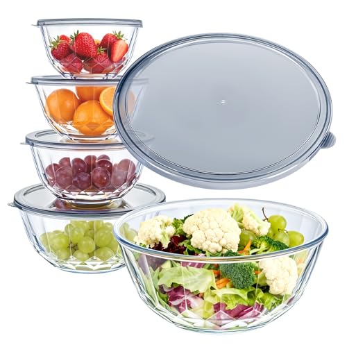 Glass Mixing Bowls with Lids Set of 5 (0.85qt,1.11qt,1.69qt, 2.85qt, 4.7qt)