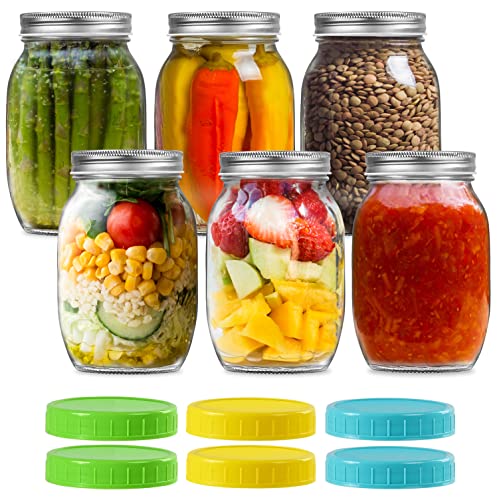 32 OZ Wide Mouth Mason Jars, Glass Jars with Silver Metal Airtight Lids, Perfect for Meal Prep, Food Storage, Canning, Drinking, Preserving, Favors, Decorating Jars (6 pack)&hellip;