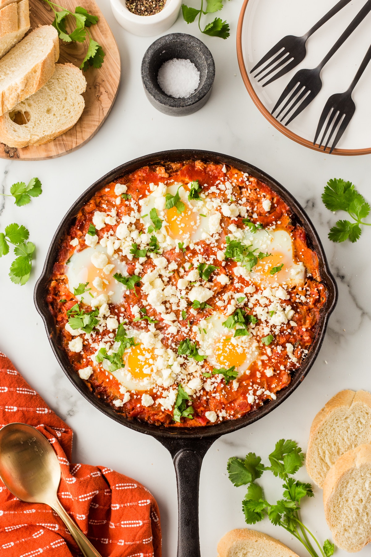Overhead shot of shakshuka in a pan. 