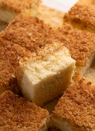 Lazy Daisy Cake square tilted up.