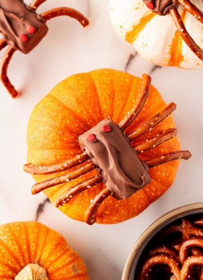 Halloween Chocolate Spiders overtop of mini pumpkins.