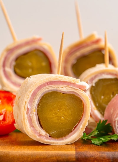 Close-up of Ham and Pickle Roll Ups.