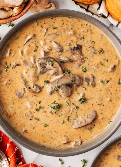 Mushroom Soup Recipe in a bowl from overhead.