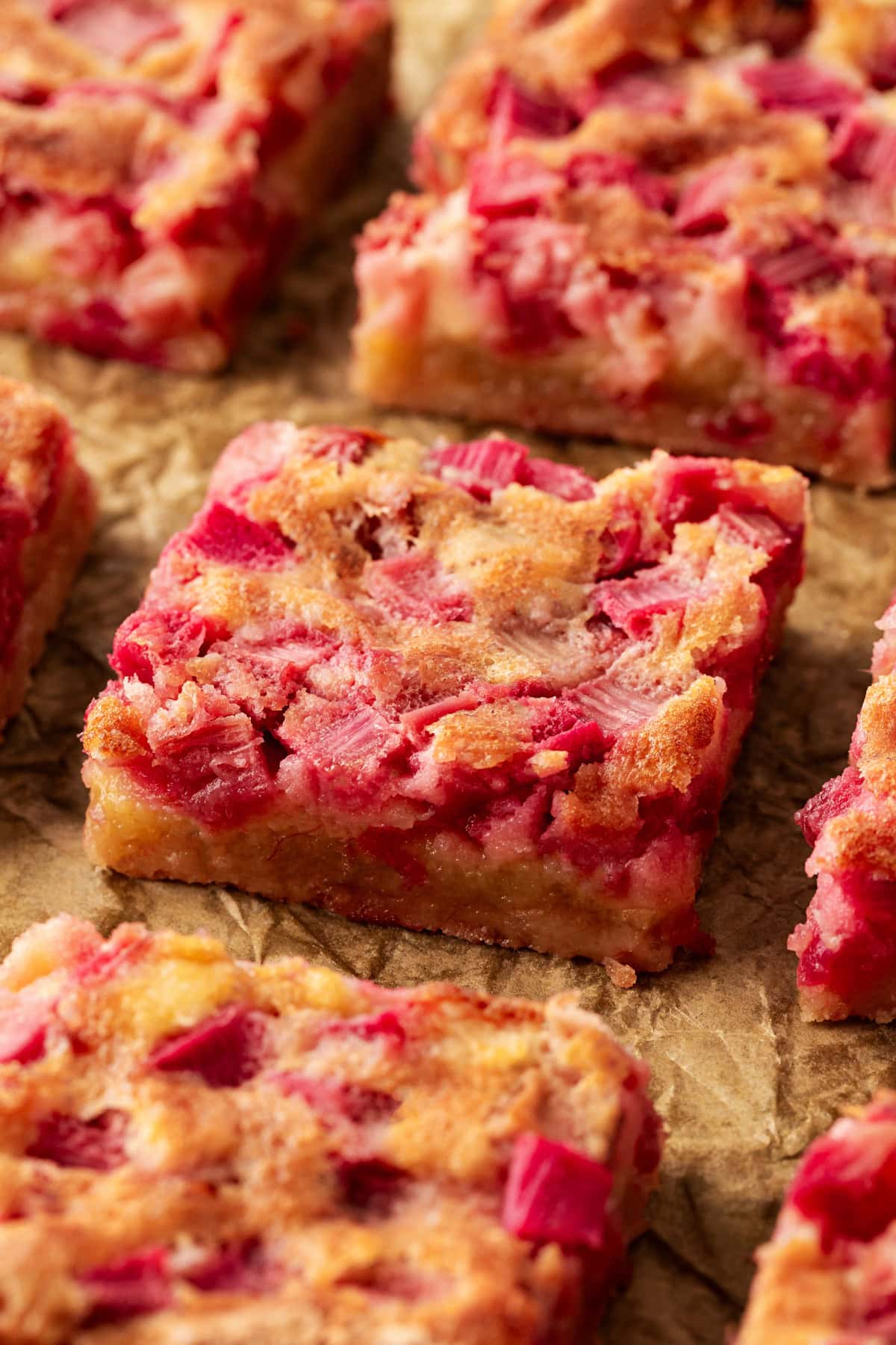 Close-up of Rhubarb Dream Bars. 